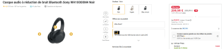 Casque audio à réduction de bruit Bluetooth Sony WH1000XM4 Noir à 299,99€