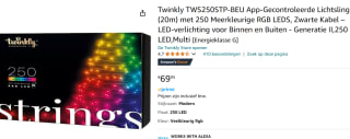Twinkly TWS250STP-BEU App-Gecontroleerde Lichtslinger (20m) met 250 Meerkleurige RGB LEDS voor €65,75 bij Amazon