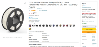 Filamento Pla marca TECBEARS para Impresión 3D 1.75mm Transparente 1kg. por 15,29€