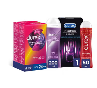 Pack Durex Dame Placer 24 Preservativos + 2 Lubricantes + Anillo Vibrador Intense Orgasmic Diablillo por solo 47,59€