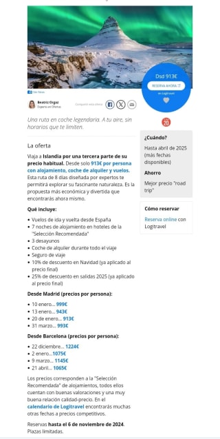 Islandia 8 días con Vuelos + Coche de alquiler desde 913€ por persona.