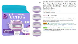 3 Unidades de Gillette Venus ComfortGlide Breeze Recambios Para Maquinilla Para Mujer, Pack de 4 Cuchillas De Recambio Con 3 Hojas y Banda Lubricante, Depilación Suave por 17.93€