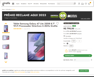 Tablet da Samsung, modelo Galaxy A7 Lite de 32GB - R$ 798
