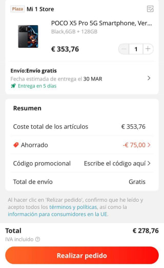 Móvil POCO X5 Pro 5G de 6GB/128GB por 211,82€