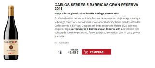 6 Botellas de Carlos Serres 5 Barricas Gran Reserva 2016 por 39.95€