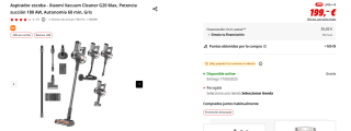 Aspirador escoba Xiaomi Vacuum Cleaner G20 Max, Potencia succión 180 AW por 179,10€