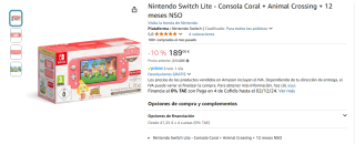 Nintendo Switch Lite - Consola Coral + Animal Crossing + 12 meses Online por 189€