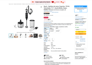 Batidora Bosch de mano Ergomixx 750 W Velocidades 12+1 QuattroBlade MSM67170 por 40,99€