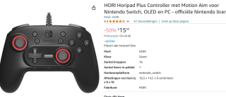 HORI Horipad + gamepad (Zwart/rood, Nintendo Switch) voor €15,99 bij Amazon