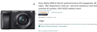 Sony Alpha 6400 E-Mount systeemcamera voor €769 met Amazon Prime