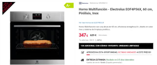 Horno Multifunción - Electrolux EOF4P56X, 60 cm, Pirólisis, Inox por 337€