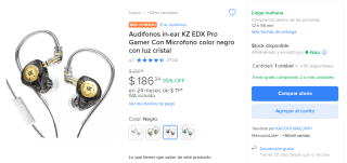 Audífonos in-ear KZ EDX Pro Gamer por $187 en Mercado Libre