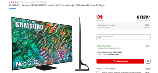 Smart Tv QLED 65" marca Samsung modelo QE65QN90BATXXC, Neo QLED 4K por 1199€