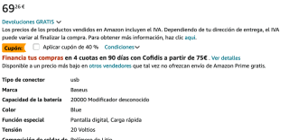 Baseus Power Bank Cargador Portátil USB C de 65W 20000mAh por solo 41,56€