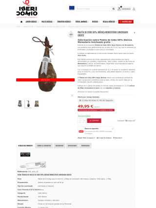 Paleta de Cebo 50% Ibérica Monesterio de 4 a 4,5 kilos loncheada y envasada al vacio por solo 49,95€