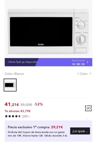 Svan Microondas SMW2700. Capacidad 20 Litros, 700W por 29,21€.