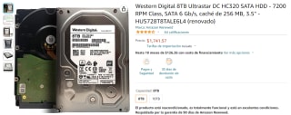 Western Digital 8TB SATA HDD 7200 RPM Renovado por $1,742 en Amazon