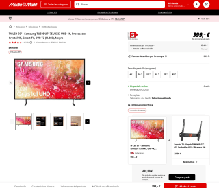 TV LED 50" Samsung TU50DU7175UXXC UHD 4K por 339,15€