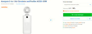 AcerPure Cool 2-in-1 luchtreiniger en luchtcirculatie voor €157 bij Coolblue