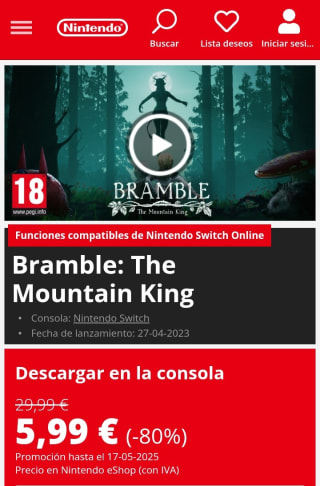 Bramble : The Mountain King Nintendo Switch por 5,99€.
