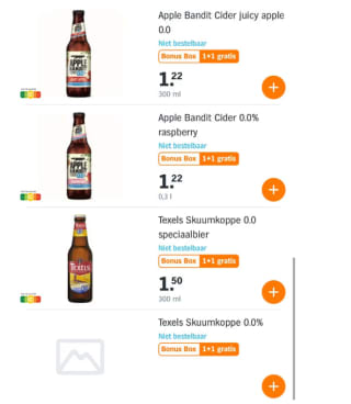 1+1 gratis op bv Texels, Affligem en Apple Bandit 0,0% bier bij de AH
