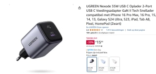 UGREEN Nexode 35W USB C Snellader- 2 Poorten GaN II voor €15,99 bij Amazon