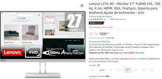 Lenovo L27e-40 - Monitor 27" FullHD (VA, 100 Hz, 4 ms, HDMI, VGA, FreeSync, Soporte para teléfono) por 109.99€