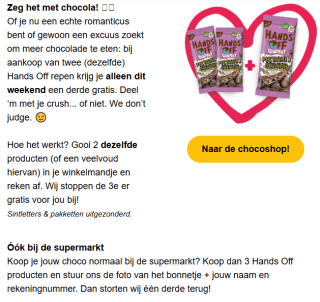2+1 gratis op Hands Off chocolade zowel online als in de supermarkten (cashback)