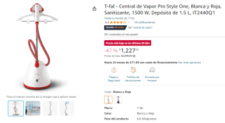 Plancha Vertical de Vapor T-Fal por $1,227 en Amazon