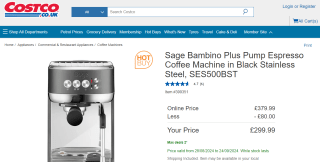 Sage Bambino Plus Pump Espresso Coffee Machine - £299.99