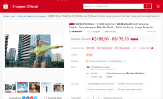 Fone de Ouvido da Ugreen, modelo HiTune T3 TWS - R$ 155,90