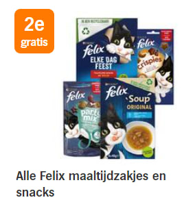 Alle Felix maaltijdzakjes en snacks 1+1 gratis bij de AH