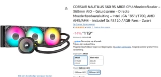 Corsair Nautilus 360 RS ARGB Black waterkoeler voor €119,90 bij Amazon