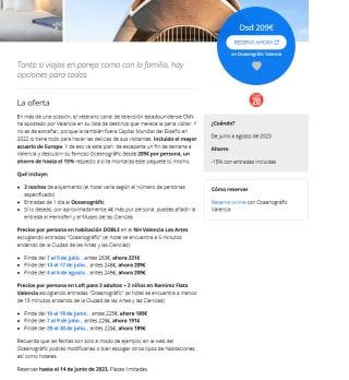 2 noches hotel Valencia y entradas al Oceanogràficdesde 209€ pxp