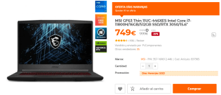 Ordenador Portatil MSI GF63 Thin 11UC-446XES Intel Core i7-11800H/16GB/512GB SSD/RTX 3050/15.6" por 749€