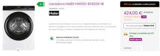 Lavadora HAIER HW100-B14939-IB de 10kg por 414€