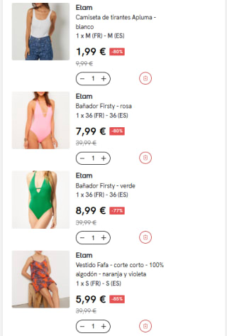 Liquidación hasta 90% descuento ETAM ropa de baño y ropa a precios de locura