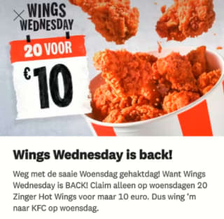 20 hot wings voor €10 tijdens KFC Wings Wednesday