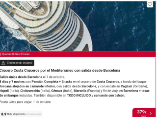 Crucero Costa Cruceros por el Mediterráneo 8D/7N Pensión Completa 379€/p