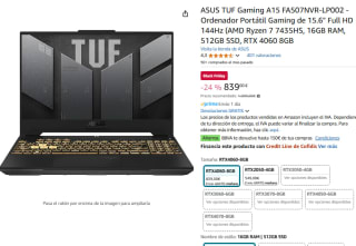 Ordenador Portátil Gaming de 15.6" Full HD 144Hz (AMD Ryzen 7 7435HS, 16GB RAM, 512GB SSD, Asus por 839€