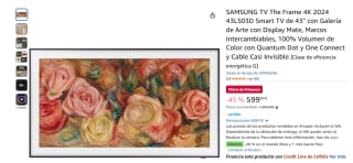Samsung TV The Frame 4K 2024 43LS03D Smart TV de 43" con Galería de Arte con Display Mate por 599€