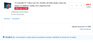 TV MiniLED 75" TCL 75C805, 4K UHD, Dolby Vision IQ por 899€ + Gratis cupón 161,82€