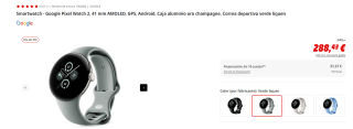 Smartwatch Google Pixel Watch 2, 41 mm AMOLED, GPS por 278,43€ varios colores