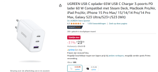 UGREEN USB-C oplader 65W voor €23,99 bij Amazon