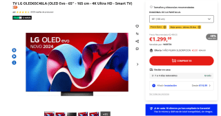 TV LG OLED65C46LA OLED Evo - 65'' - 165 cm - 4K Ultra HD - Smart TV + 200€ reembolso por 1.299€
