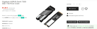 Disco Duro Gigabyte AORUS Gen4 7300 SSD 1TB PCIe 4.0x4 por 81.36€