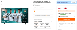 TV LED 65" Hisense 65A6Q, UHD 4K, Quad Core/MT9603, IA 4K Upscaler, Modo Juego Plus por 399€