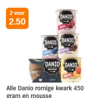 Alle Danio romige kwark en mousse 2 voor €2,50 bij de AH