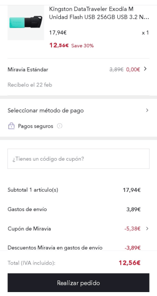 Kingston DataTraveler Pendrive 256GB por 12,07€.