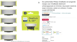 Philips One Blade QP250/50 5 vervangmesjes voor €36,99 met Amazon Prime